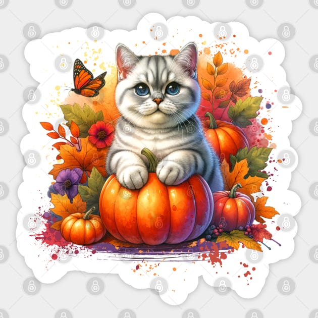 British Shorthair Cat with Pumpkin Sticker by HolidayBug